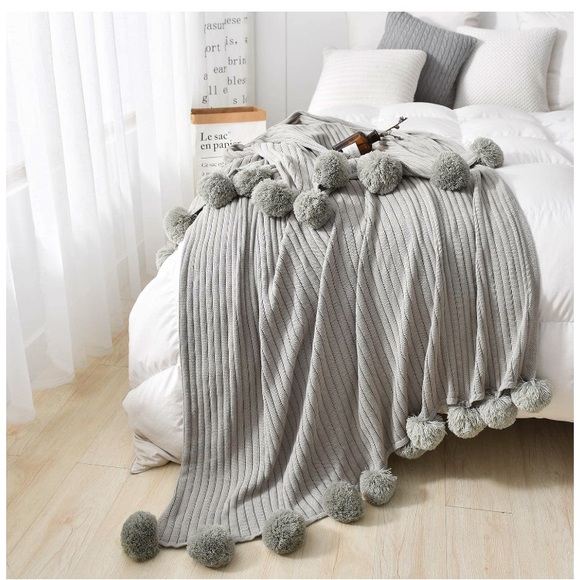 Light Grey Pompom Fringe Chic Cozy Soft Throw Blanket/Cover for Dorm/Living Room - Picture 2 of 11